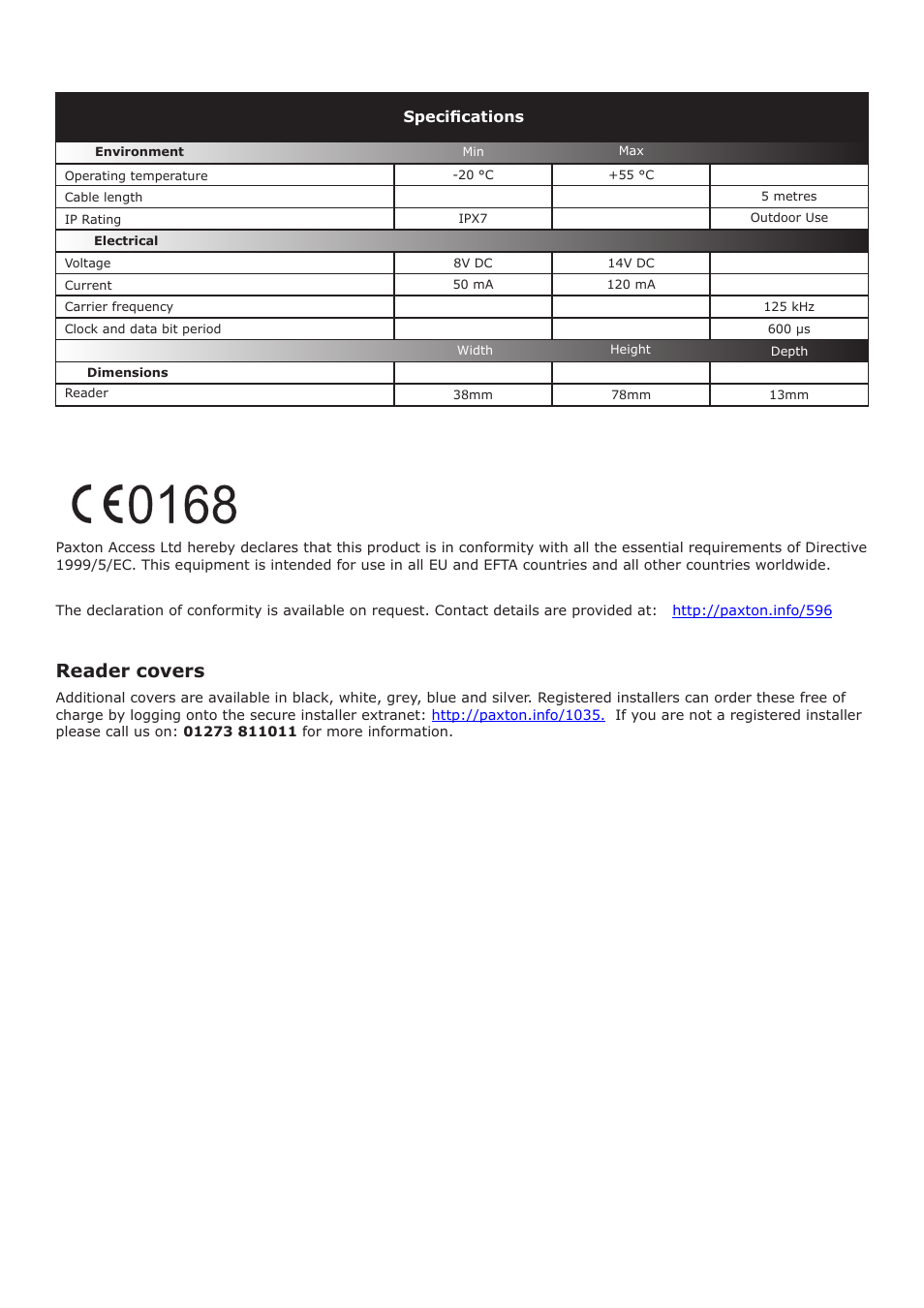 Reader covers | Paxton NASIC P38 reader - EM4100 - Clock and Data User Manual | Page 4 / 4