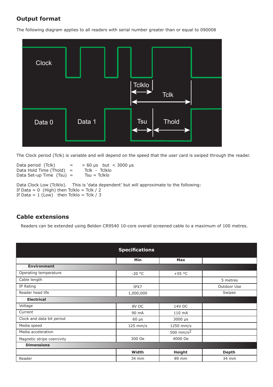 Tclk tclklo tsu thold data 0 data 1 clock, Output format, Cable extensions | Paxton OEM Magstripe reader, clock and data output User Manual | Page 2 / 4