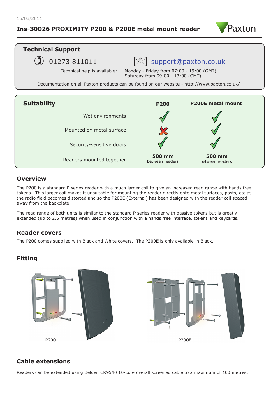 Paxton PROXIMITY P200 & P200E metal mount reader User Manual | 3 pages
