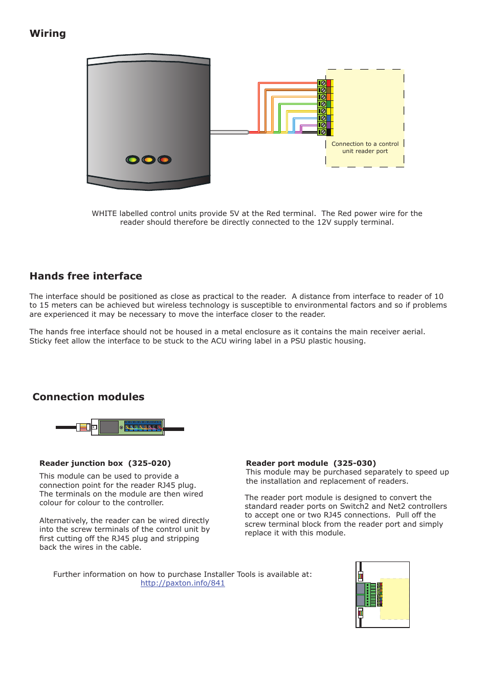 Wiring hands free interface, Connection modules | Paxton PROXIMITY P200 & P200E metal mount reader User Manual | Page 2 / 3