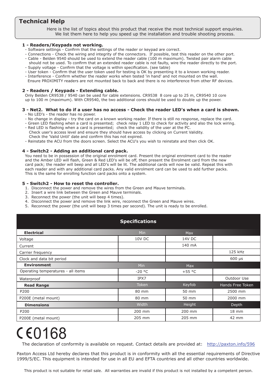 Technical help, Specifications | Paxton PROXIMITY P200 & P200E metal mount reader User Manual | Page 3 / 3