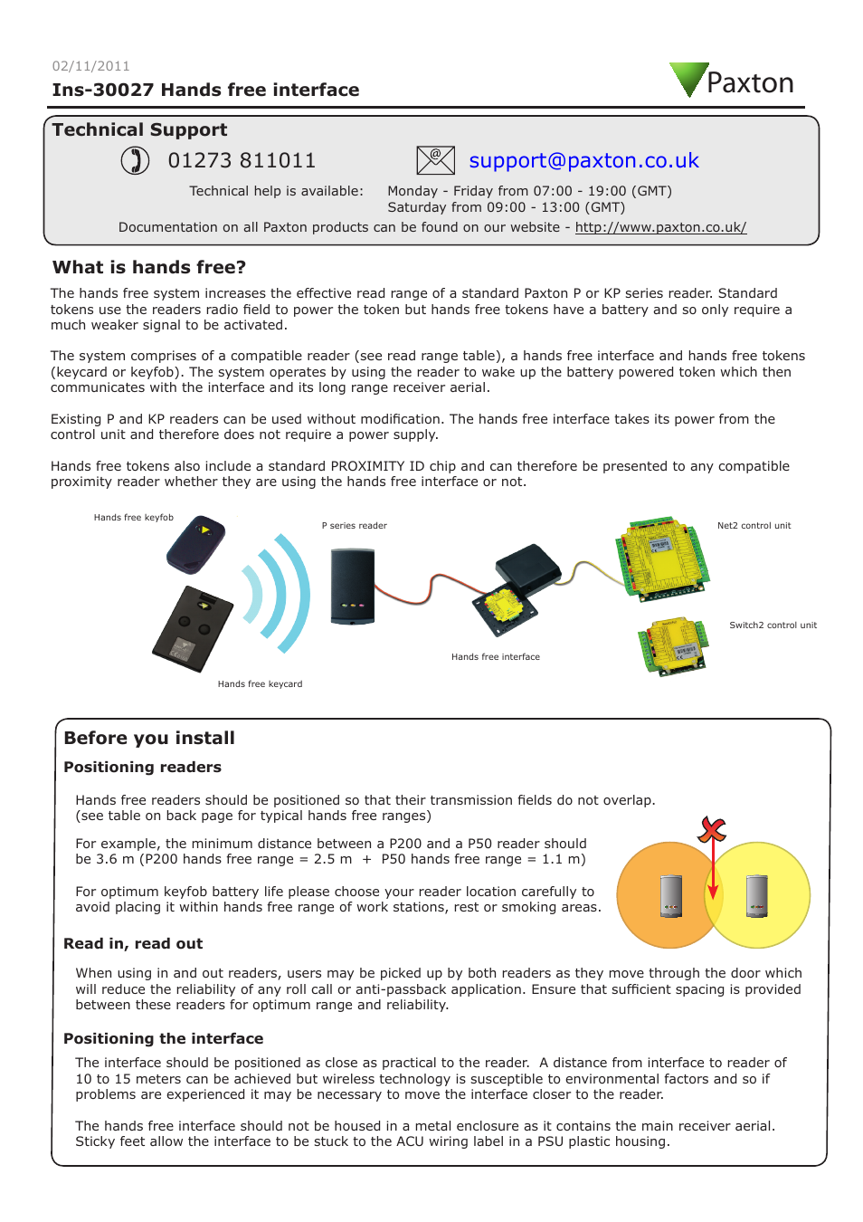 Paxton Hands free interface User Manual | 4 pages