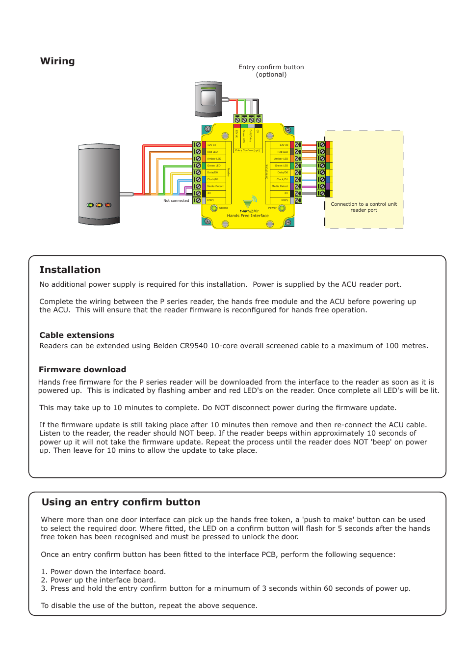Wiring using an entry confirm button, Installation, Cable extensions firmware download | Paxton Hands free interface User Manual | Page 2 / 4