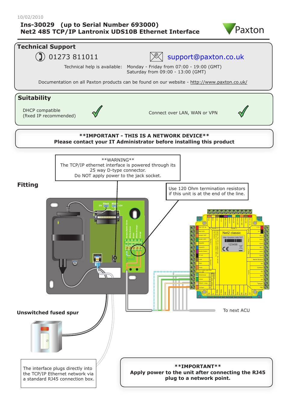 Paxton Net2 485 TCP/IP Lantronix UDS10B Ethernet Interface User Manual | 4 pages