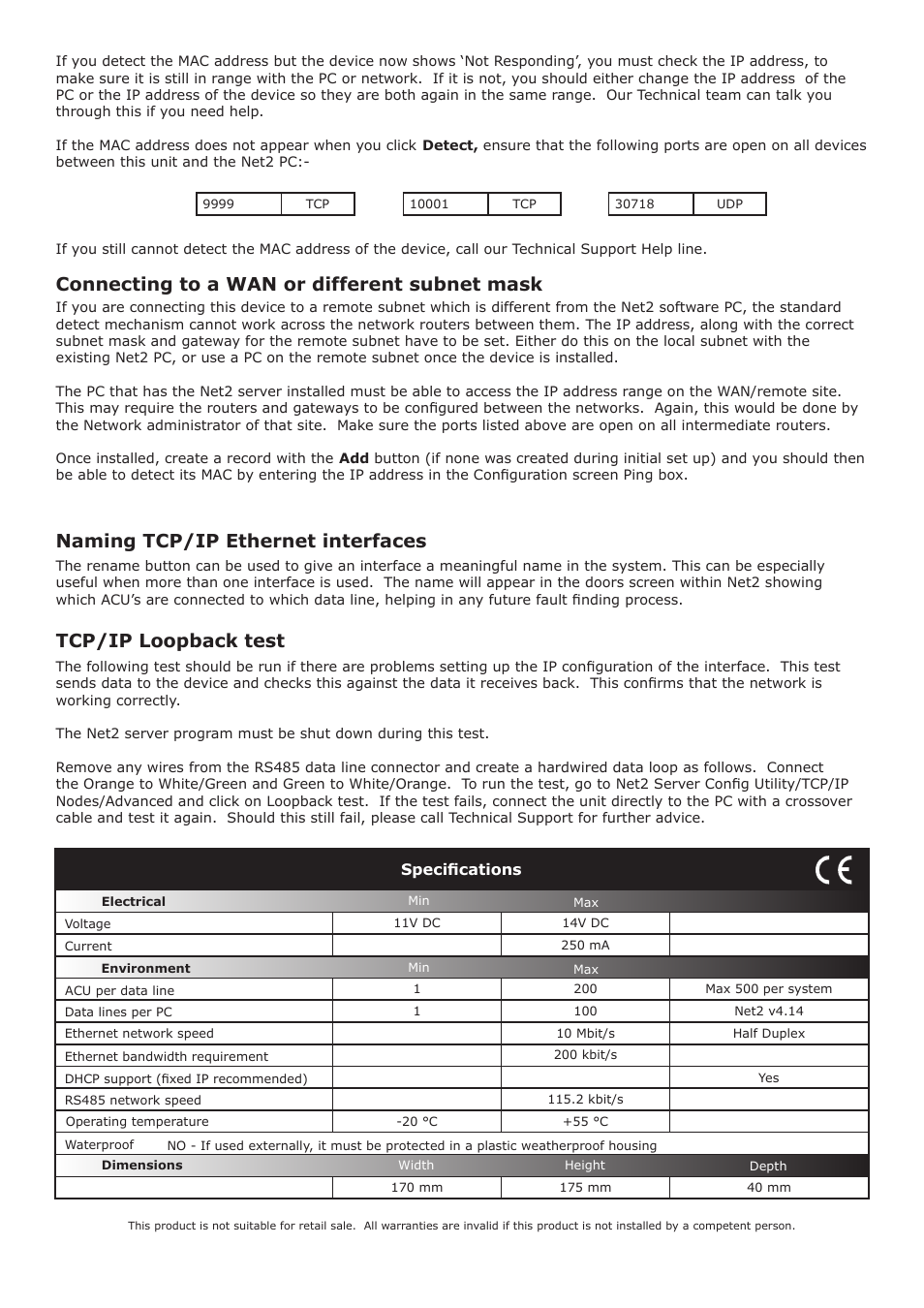 Connecting to a wan or different subnet mask, Naming tcp/ip ethernet interfaces, Tcp/ip loopback test | Paxton Net2 485 TCP/IP Lantronix UDS10B Ethernet Interface User Manual | Page 4 / 4