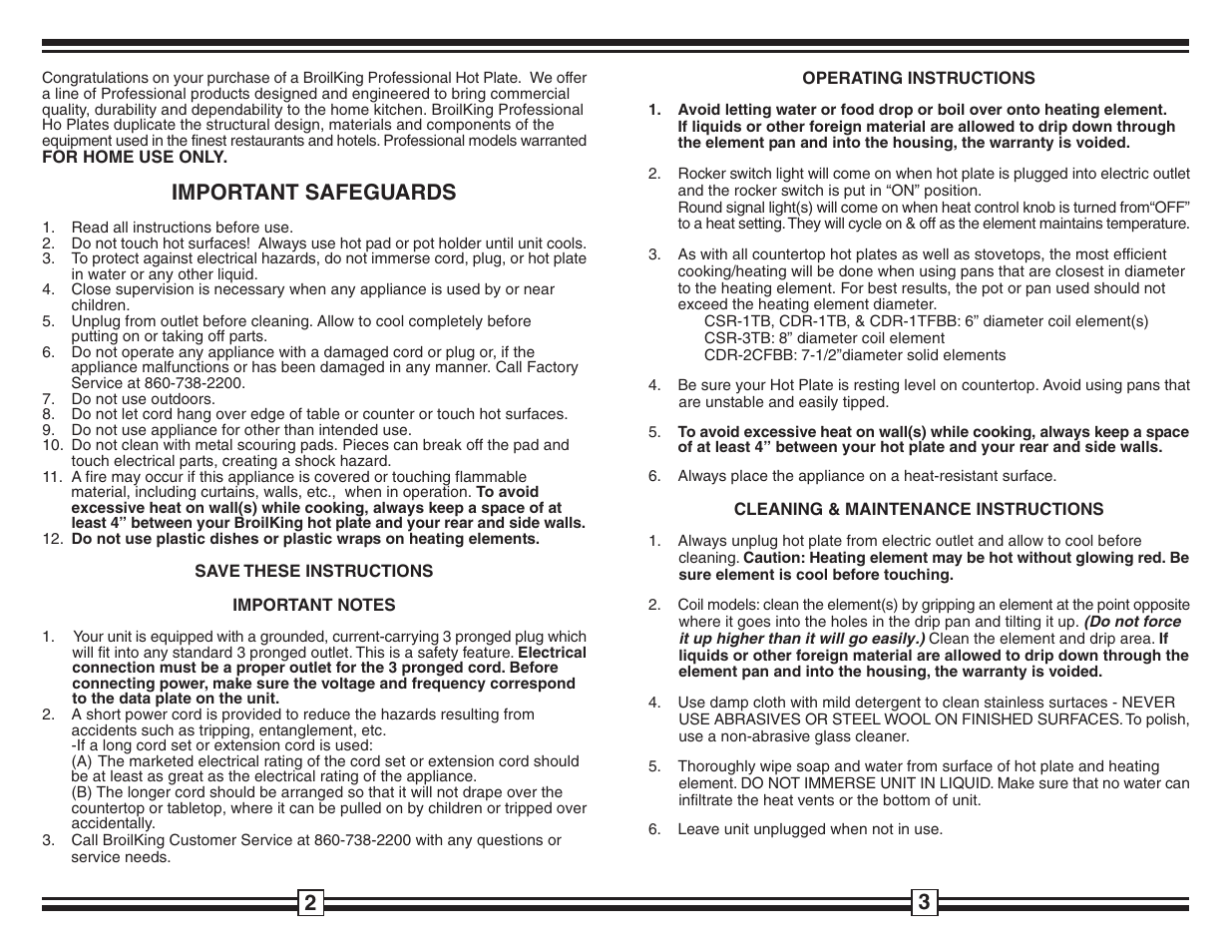 Important safeguards | Broil King PROFESSIONAL CSR-1TB User Manual | Page 2 / 2