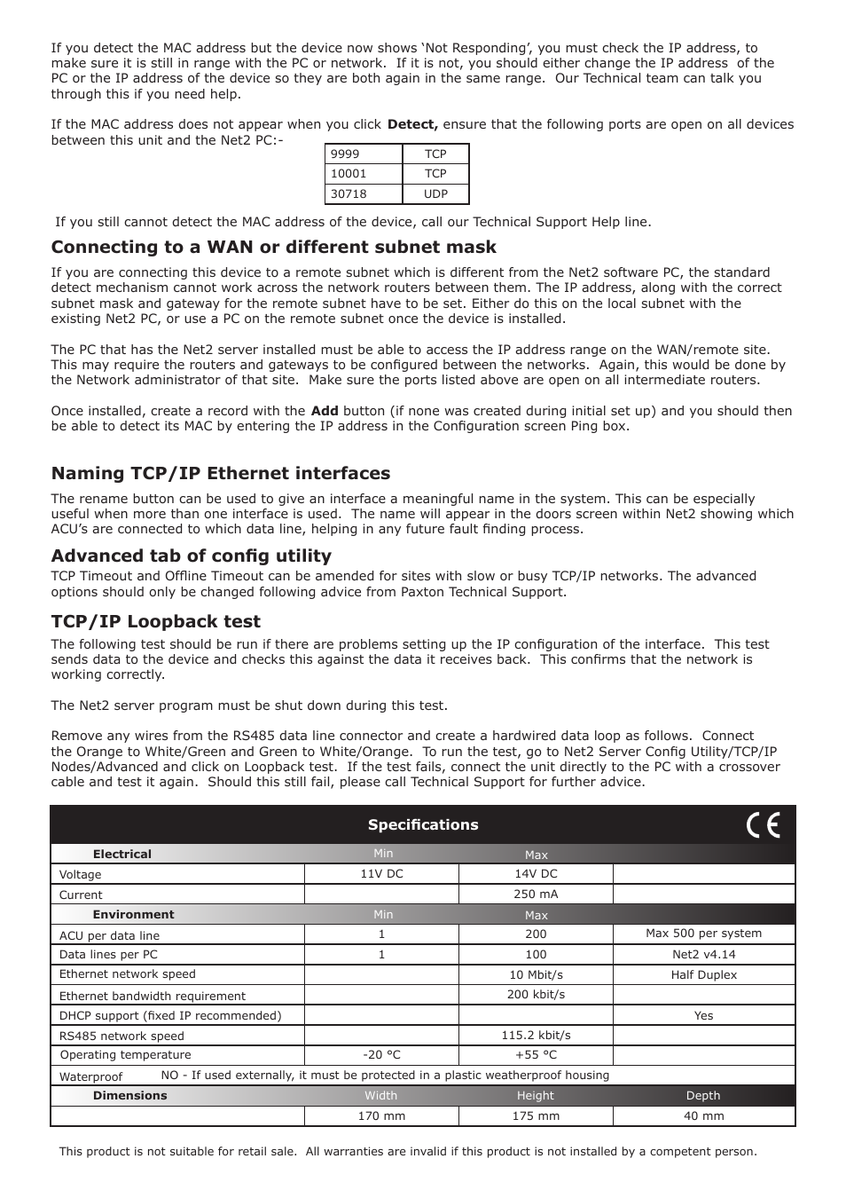 Connecting to a wan or different subnet mask, Naming tcp/ip ethernet interfaces, Advanced tab of config utility | Tcp/ip loopback test | Paxton Net2 Ethernet Interface User Manual | Page 4 / 4