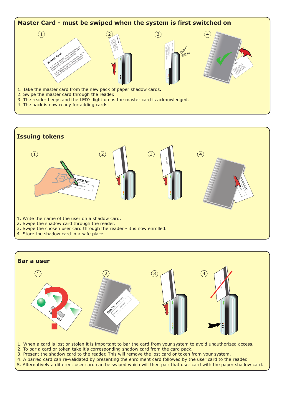 Issuing tokens, Bar a user, User card | Beep, Master card | Paxton OEM Magstripe 1000 compact system User Manual | Page 2 / 4
