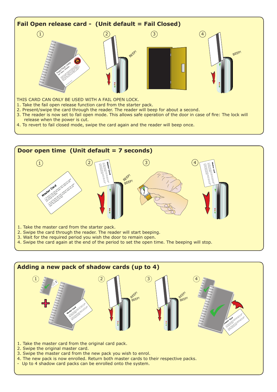 Door open time (unit default = 7 seconds), Adding a new pack of shadow cards (up to 4), Beep | Master card | Paxton OEM Magstripe 1000 compact system User Manual | Page 3 / 4
