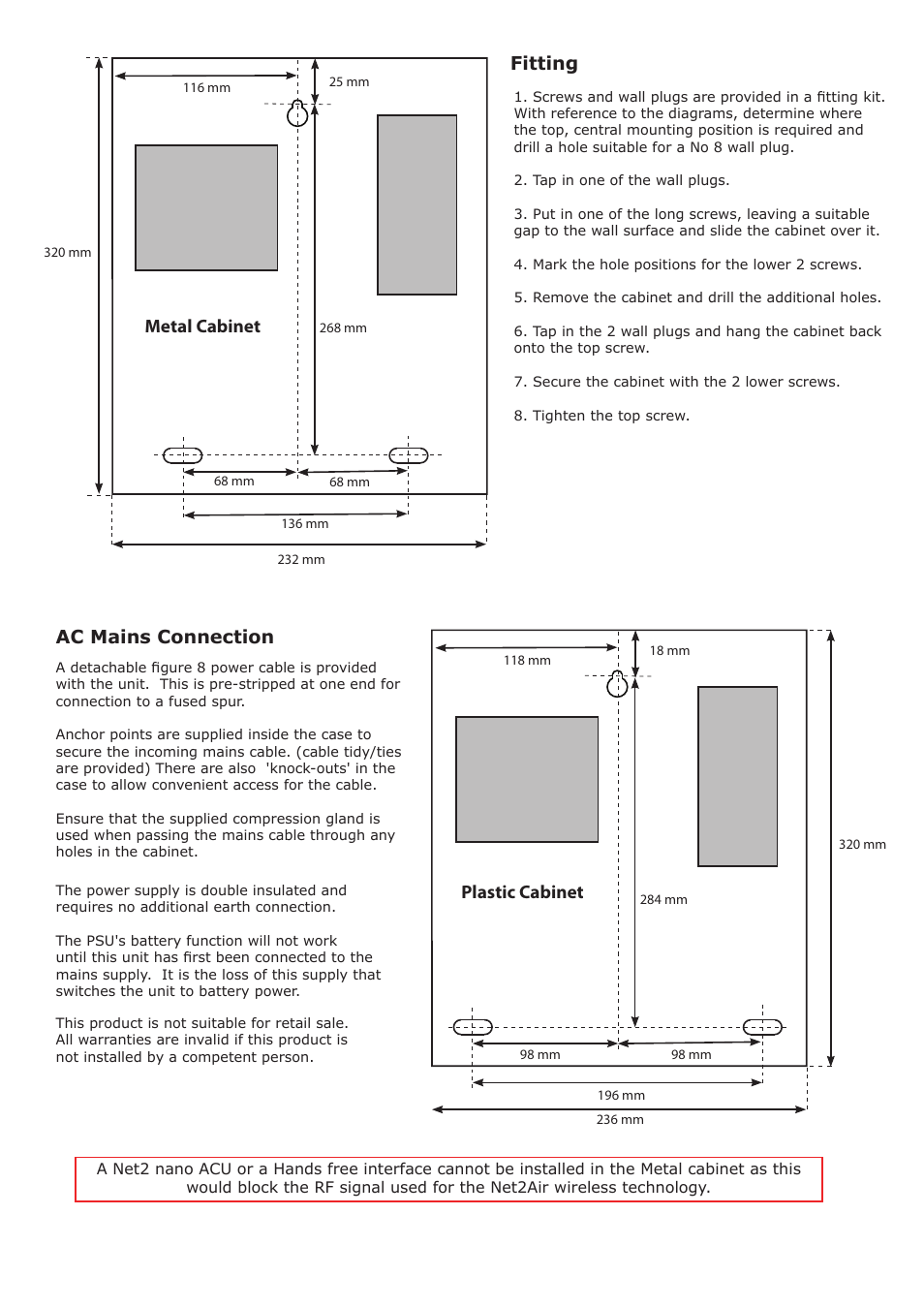 Fitting, Ac mains connection, Metal cabinet | Plastic cabinet | Paxton 2A/12V DC boxed power supply with Net2 ACU User Manual | Page 2 / 3