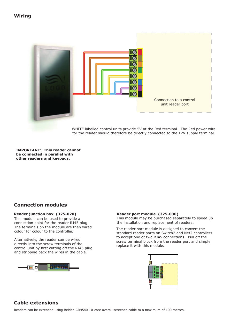 Cable extensions, Wiring, Connection modules | Paxton PROXIMITY architectural reader User Manual | Page 2 / 4