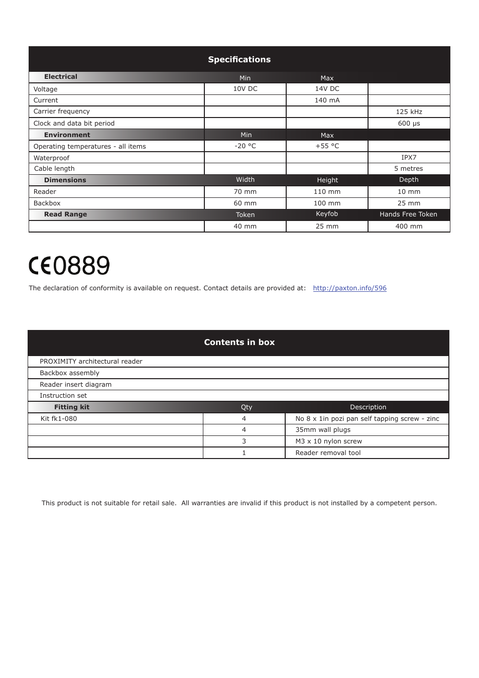 Specifications, Contents in box | Paxton PROXIMITY architectural reader User Manual | Page 4 / 4