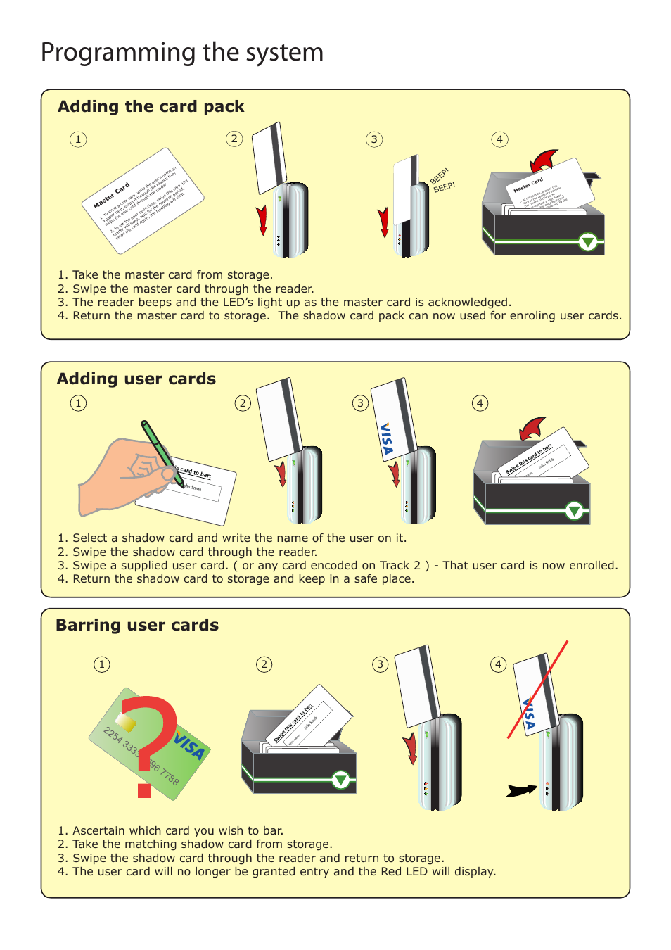 Programming the system, Adding the card pack, Adding user cards | Barring user cards | Paxton Magstripe 1000 kit User Manual | Page 4 / 6