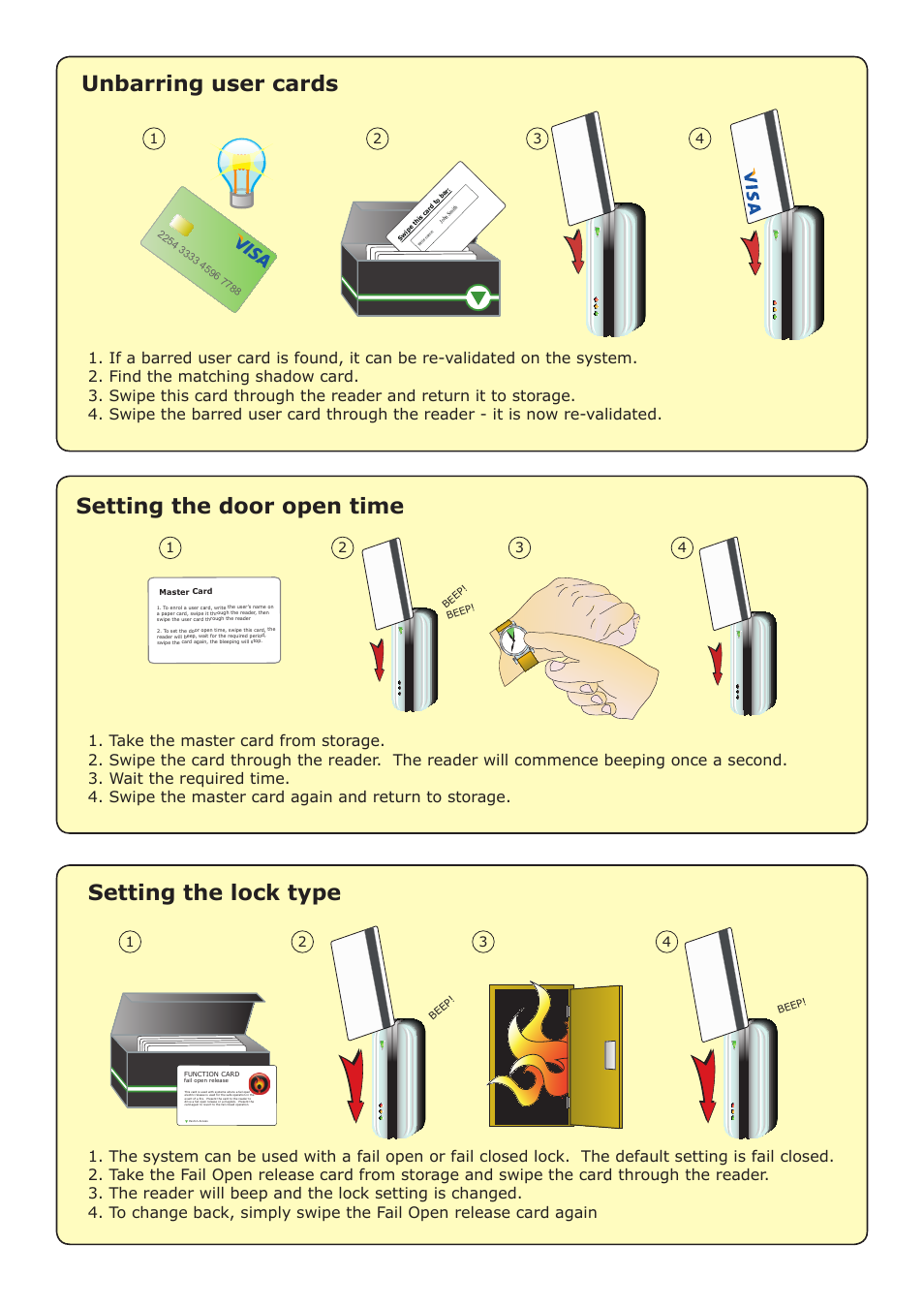 Unbarring user cards, Setting the door open time, Setting the lock type | Paxton Magstripe 1000 kit User Manual | Page 5 / 6