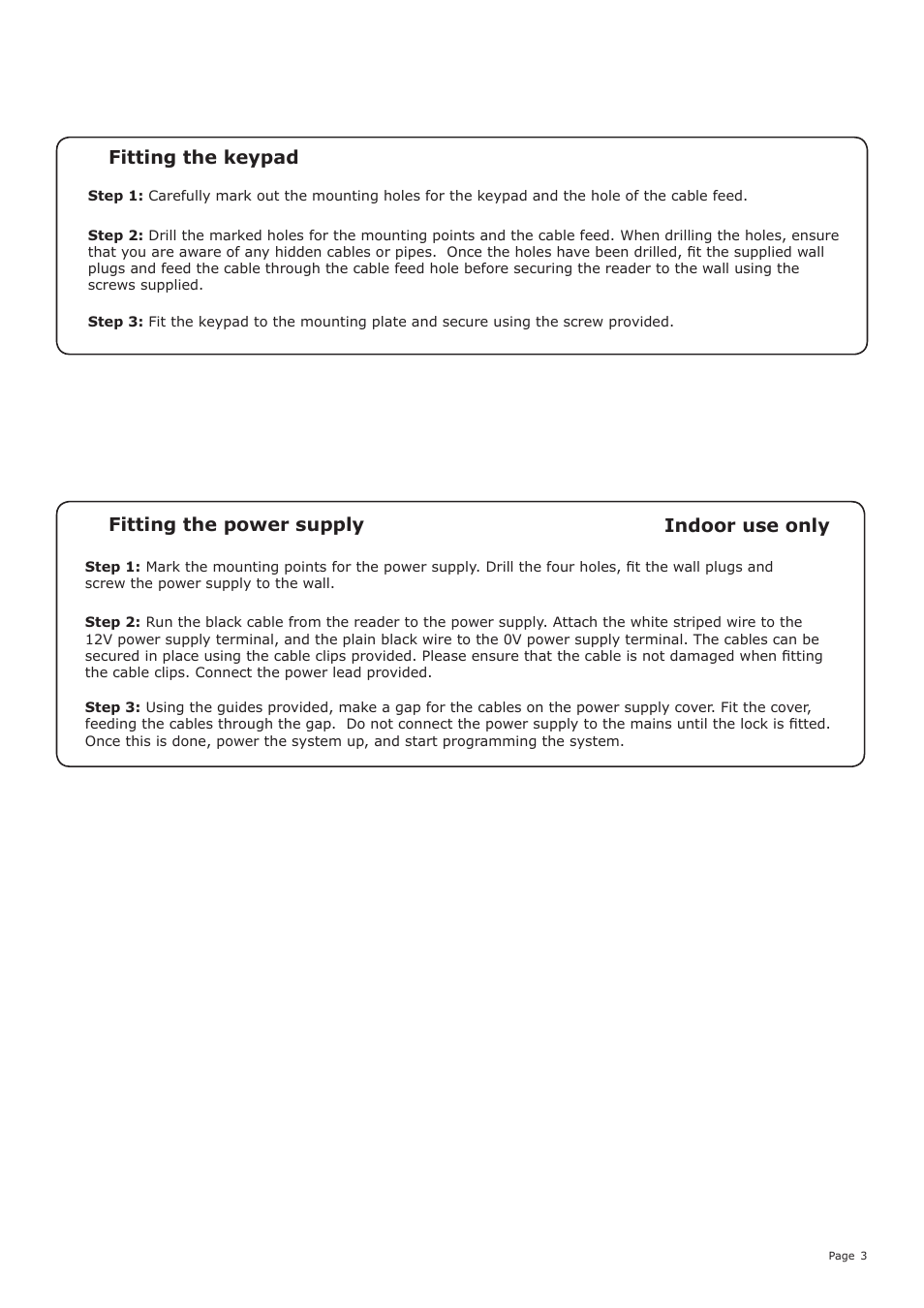Fitting the power supply, Fitting the keypad indoor use only | Paxton OEM Reader keypad kit User Manual | Page 3 / 9