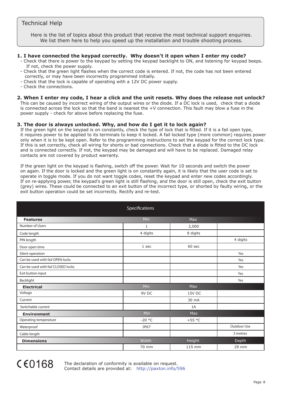Technical help | Paxton OEM Reader keypad kit User Manual | Page 8 / 9