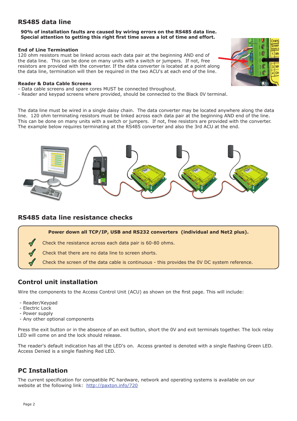 Rs485 data line, Control unit installation, Rs485 data line resistance checks pc installation | Paxton Net2 classic quickstart guide User Manual | Page 2 / 4