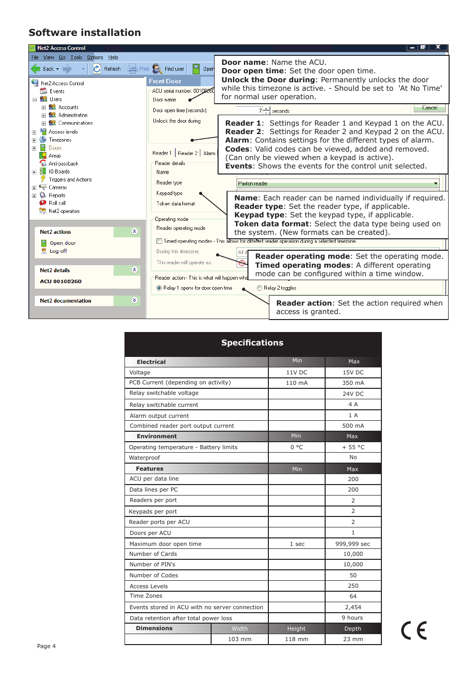 Software installation, Specifications | Paxton Net2 classic quickstart guide User Manual | Page 4 / 4