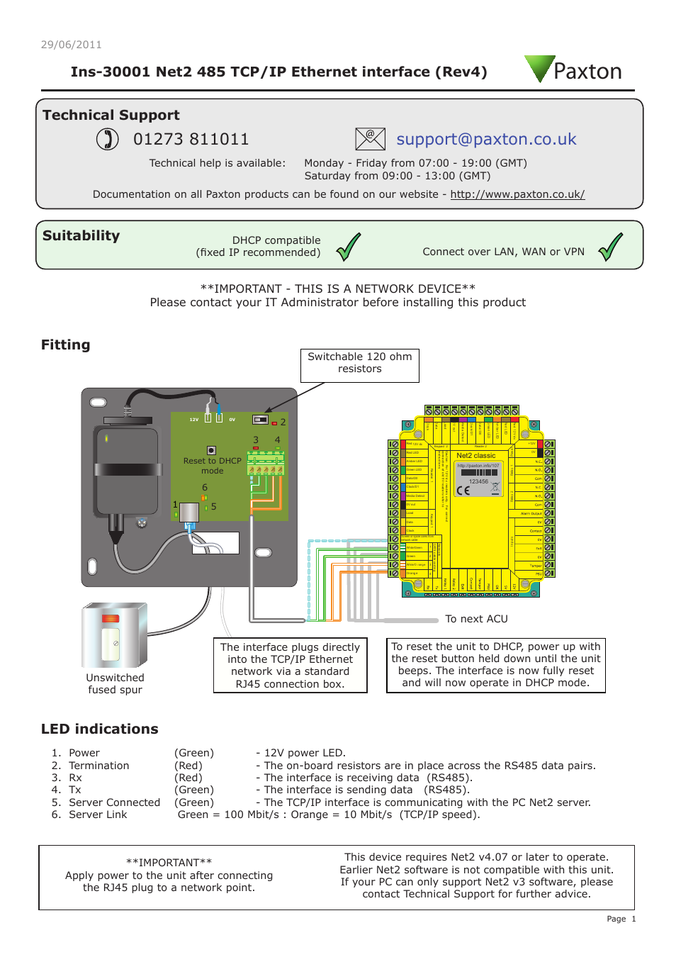 Paxton Net2 485 TCP/IP Ethernet interface (Rev4) User Manual | 4 pages