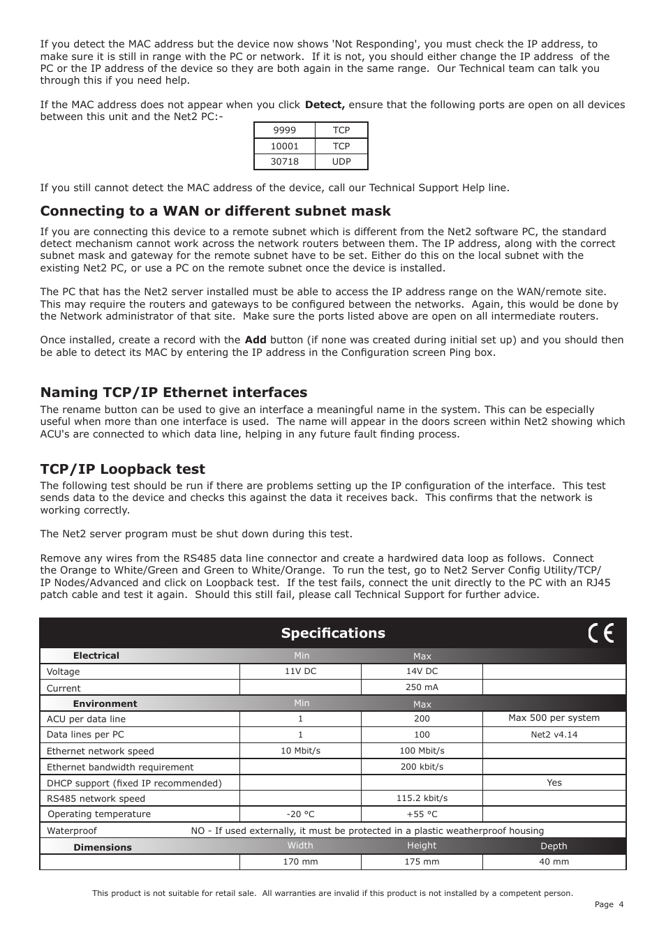 Connecting to a wan or different subnet mask, Naming tcp/ip ethernet interfaces, Tcp/ip loopback test | Specifications | Paxton Net2 485 TCP/IP Ethernet interface (Rev4) User Manual | Page 4 / 4