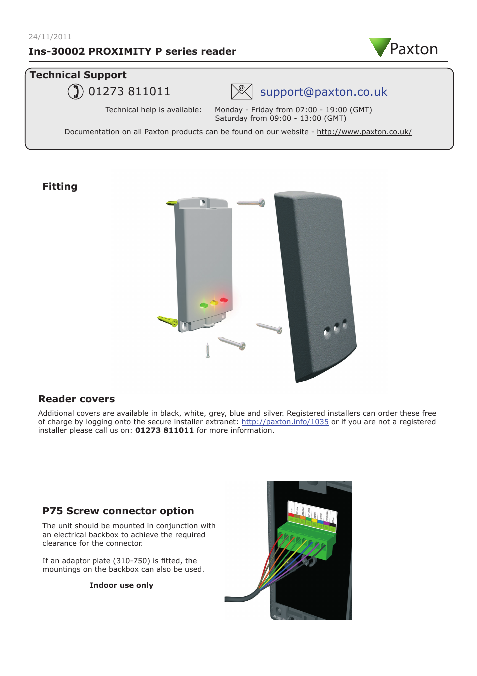 Paxton PROXIMITY P series reader User Manual | 4 pages