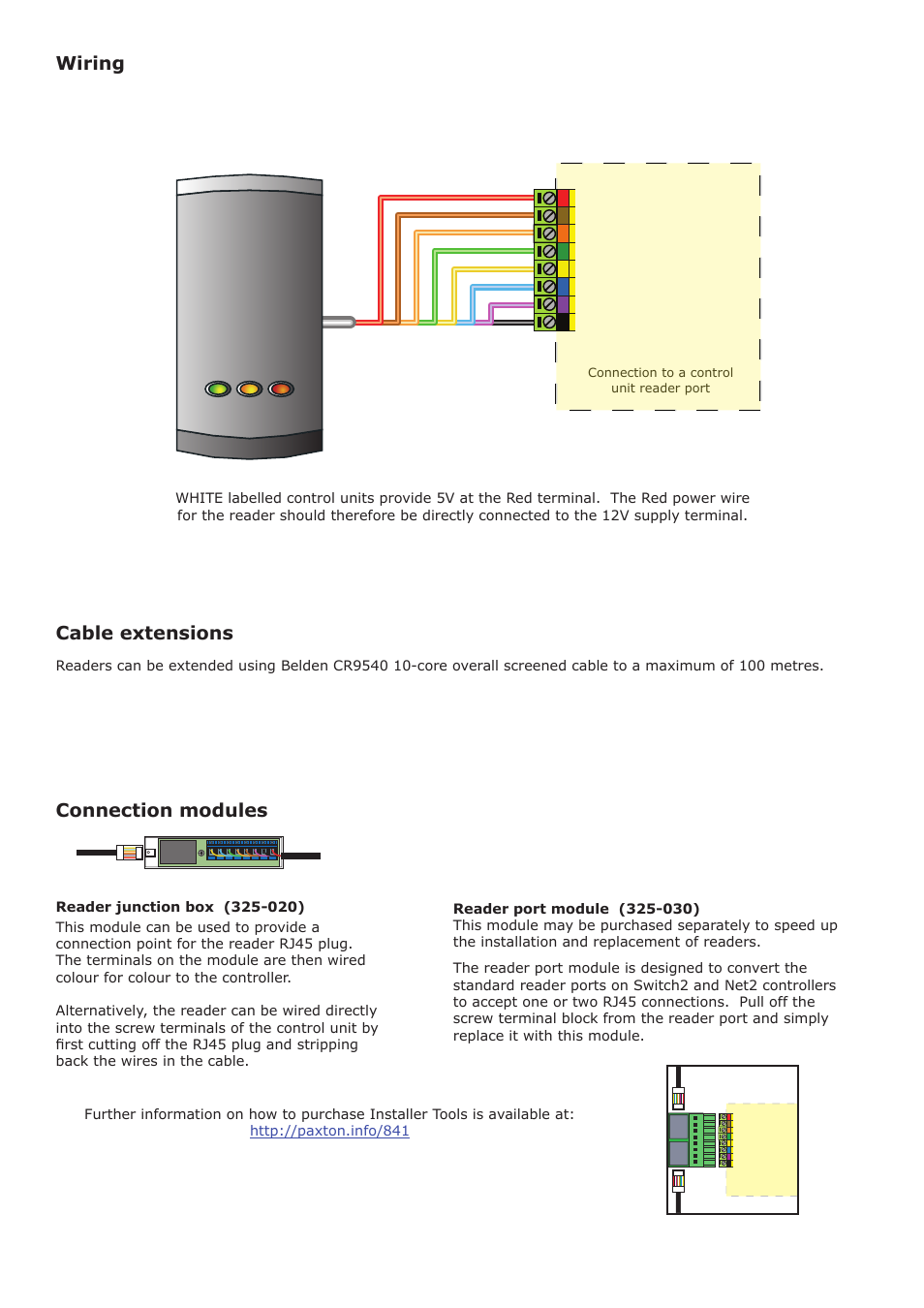 Cable extensions, Wiring, Connection modules | Paxton PROXIMITY P series reader User Manual | Page 2 / 4