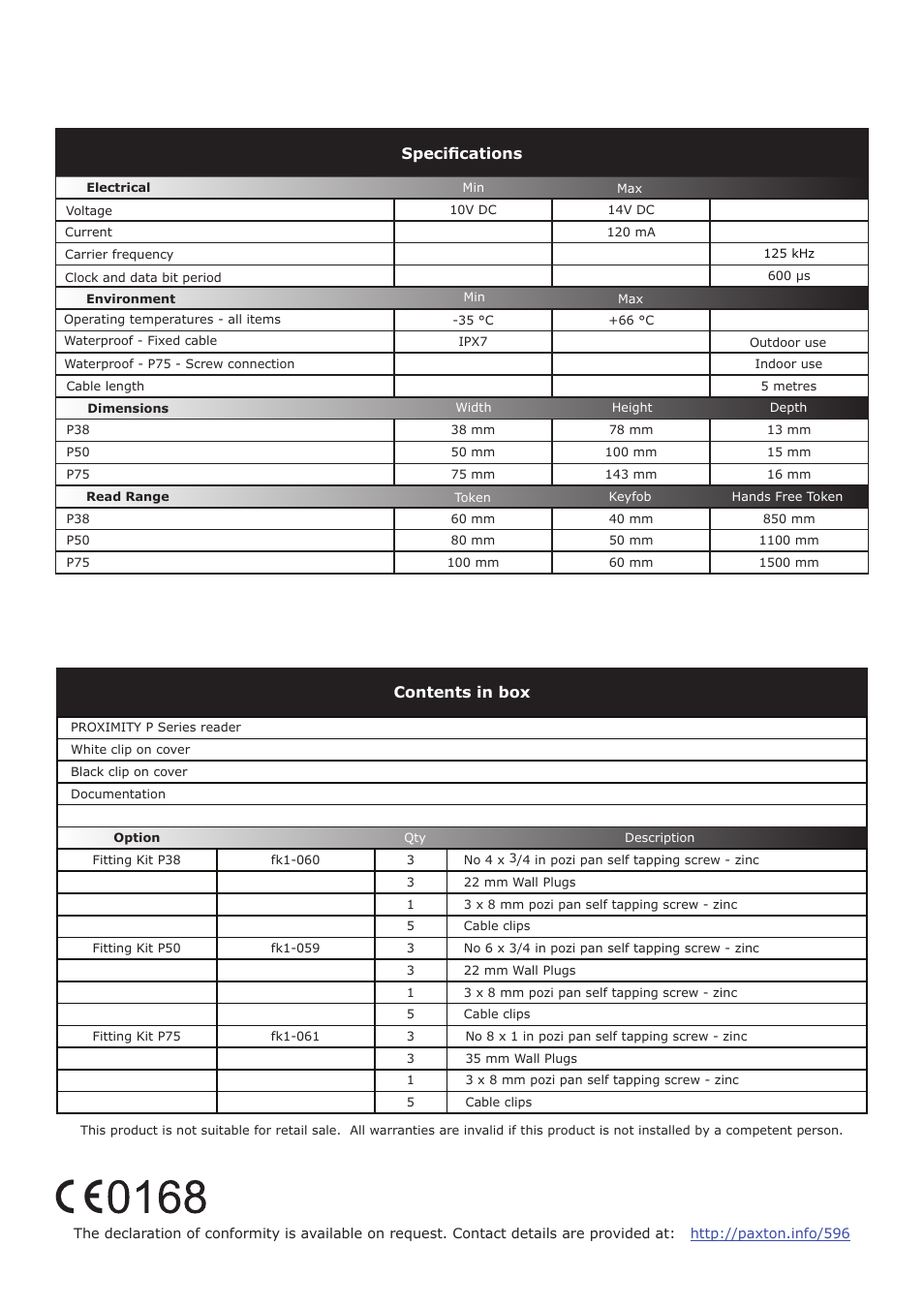 Specifications, Contents in box | Paxton PROXIMITY P series reader User Manual | Page 4 / 4