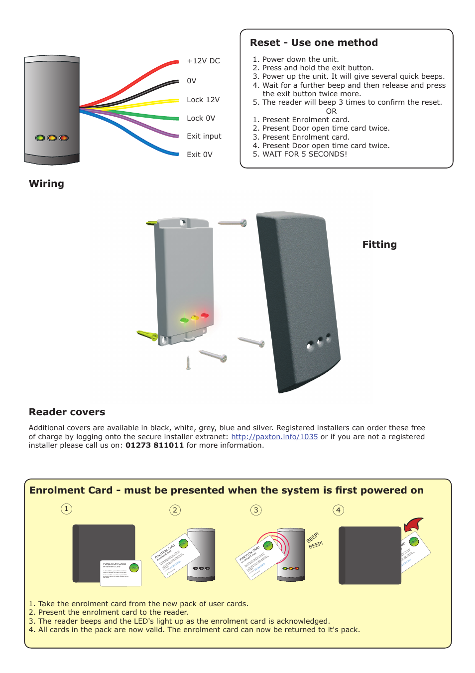Reset - use one method reader covers, Fitting wiring, Beep | Paxton PROXIMITY P series compact reader User Manual | Page 2 / 4