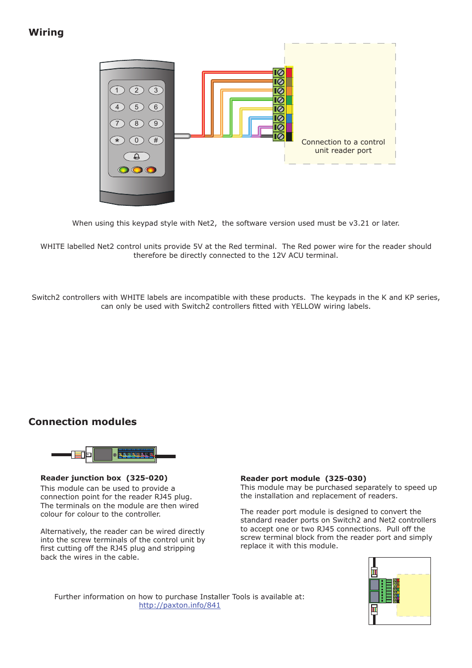 Wiring, Connection modules | Paxton PROXIMITY KP series keypad User Manual | Page 2 / 4