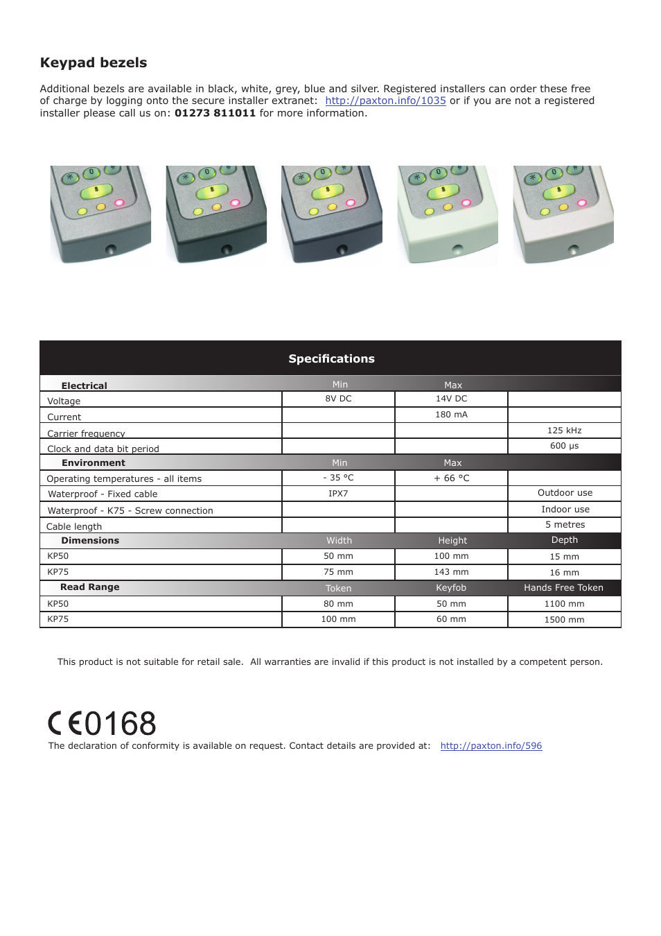 Keypad bezels, Specifications | Paxton PROXIMITY KP series keypad User Manual | Page 4 / 4