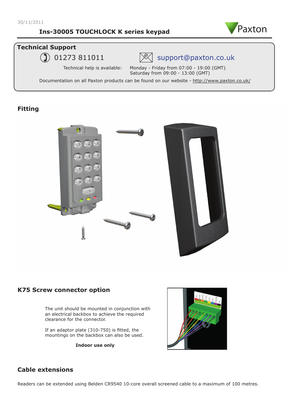 Paxton TOUCHLOCK K series keypad User Manual | 4 pages