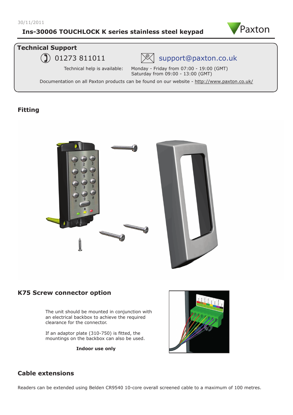 Paxton TOUCHLOCK K series stainless steel keypad User Manual | 3 pages