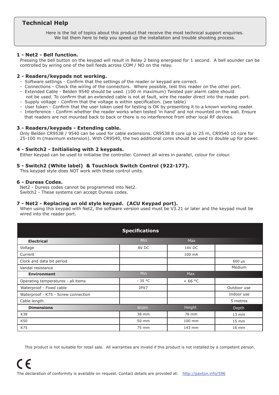 Technical help | Paxton TOUCHLOCK K series stainless steel keypad User Manual | Page 3 / 3