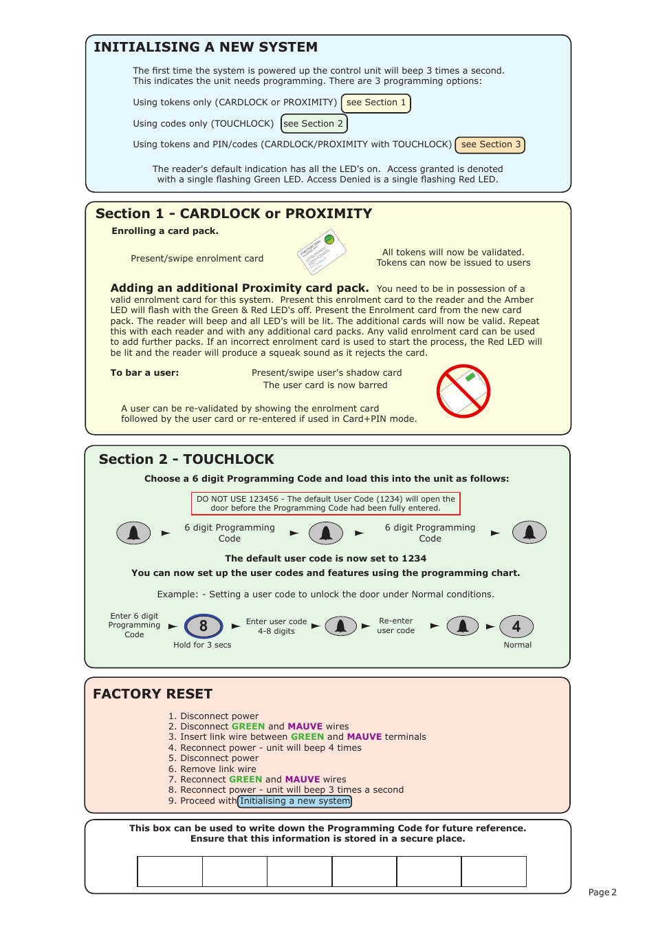 Factory reset, Initialising a new system, Adding an additional proximity card pack | Paxton Switch2 control unit User Manual | Page 2 / 4