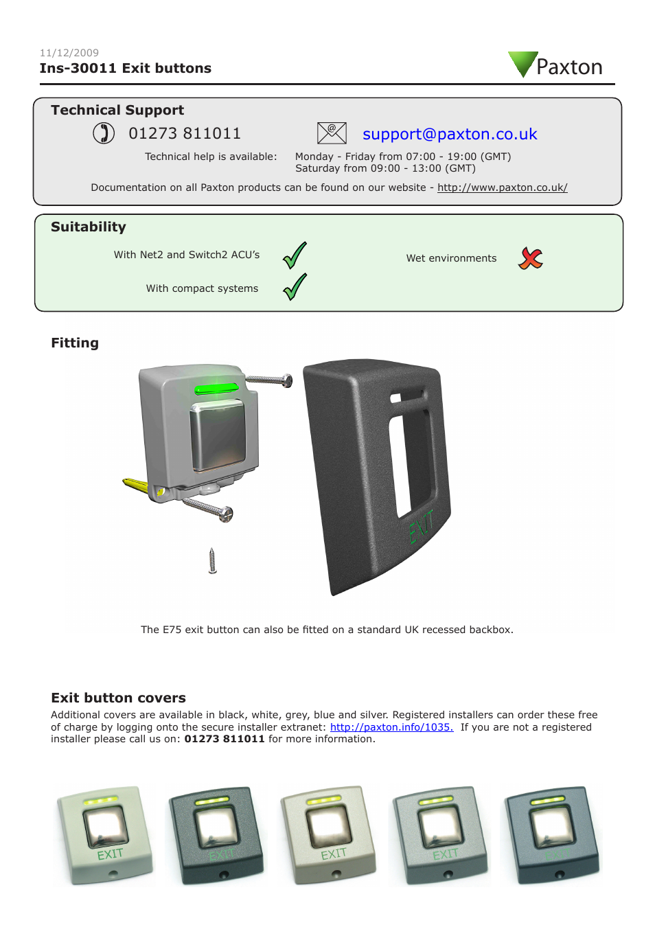 Paxton Exit buttons User Manual | 3 pages