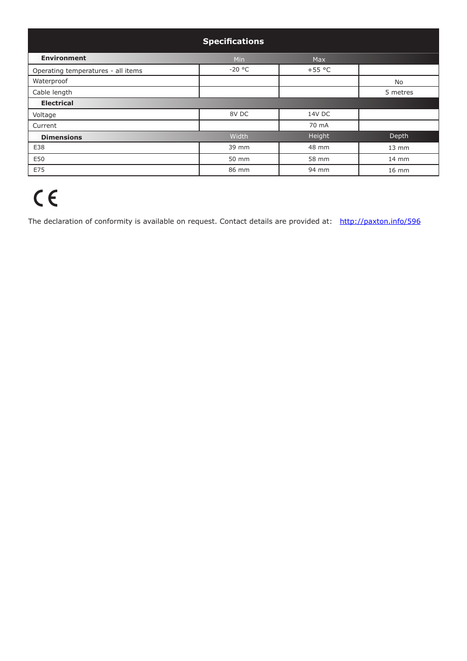 Specifications | Paxton Exit buttons User Manual | Page 3 / 3