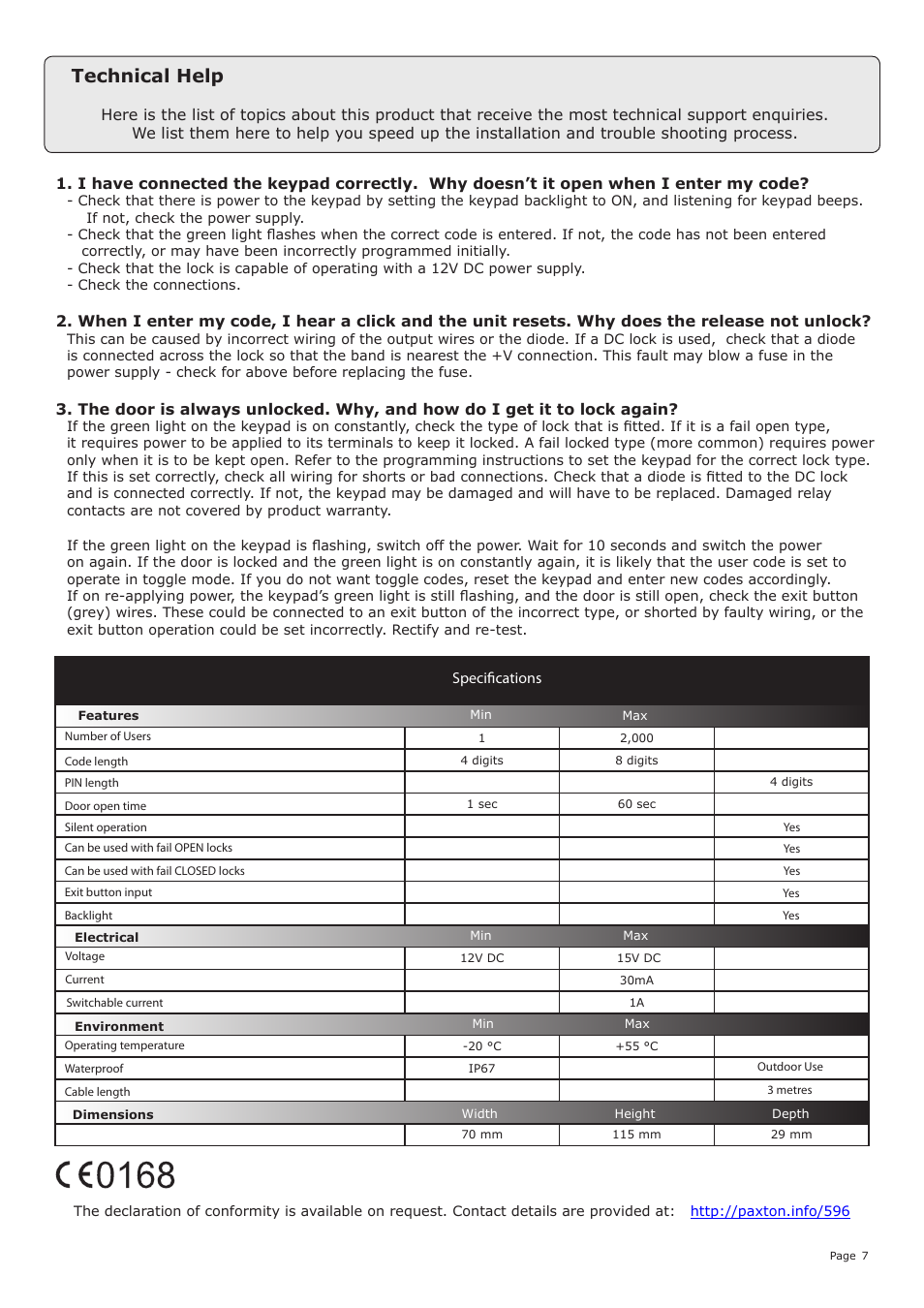 Technical help | Paxton OEM plastic reader keypad User Manual | Page 7 / 8