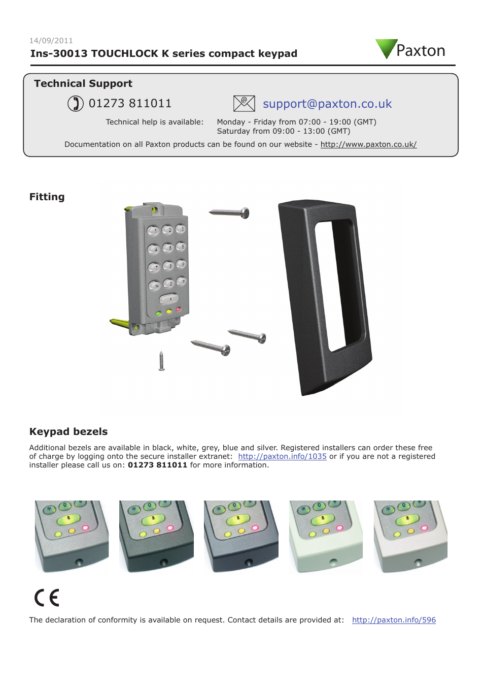 Paxton TOUCHLOCK K series compact keypad User Manual | 4 pages