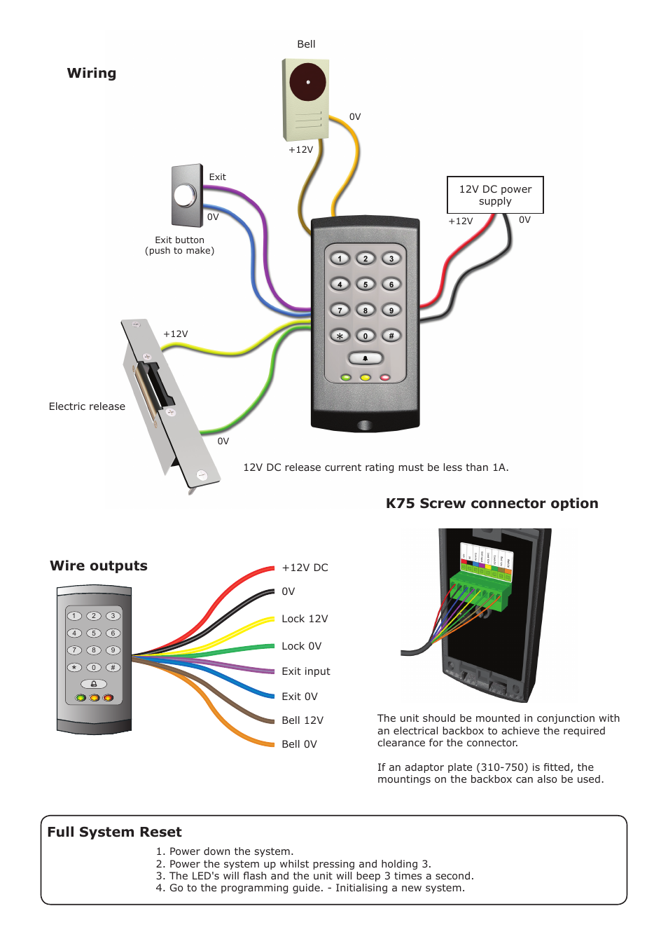 Wire outputs, Wiring, Full system reset | K75 screw connector option | Paxton TOUCHLOCK K series compact keypad User Manual | Page 2 / 4