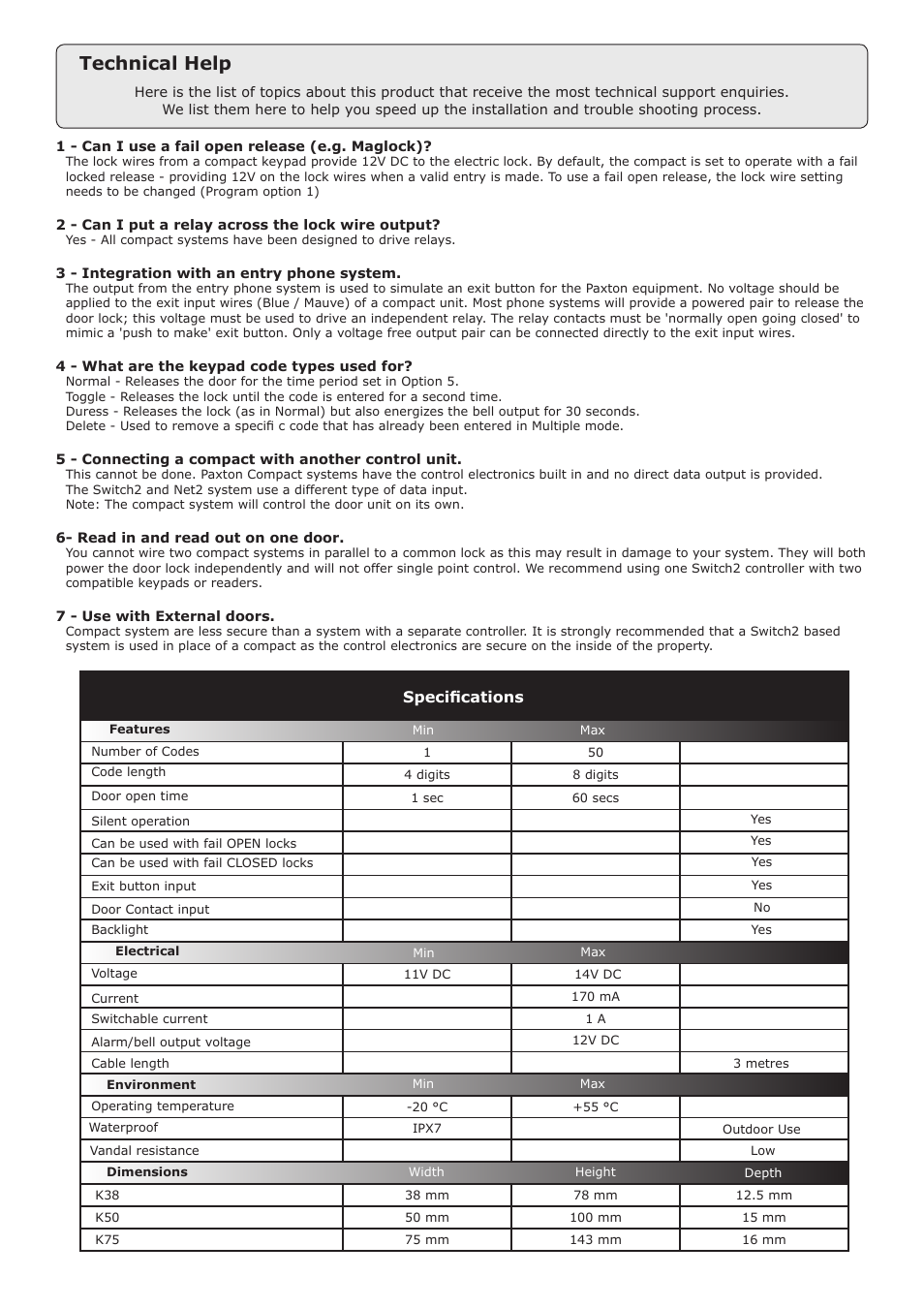 Technical help, Specifications | Paxton TOUCHLOCK K series compact keypad User Manual | Page 4 / 4
