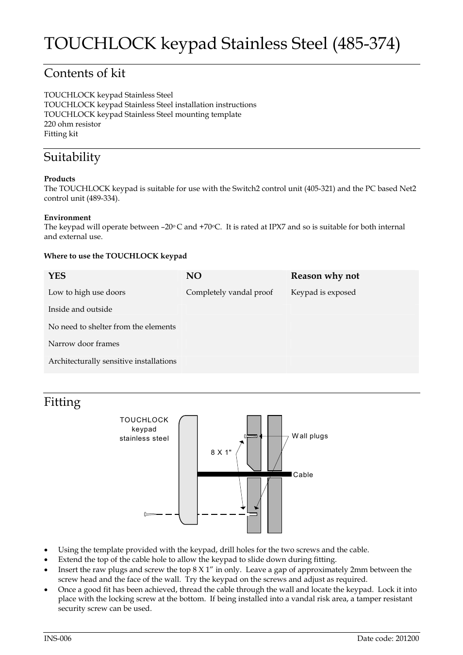 Paxton TOUCHLOCK keypad Stainless Steel (485-374) User Manual | 2 pages