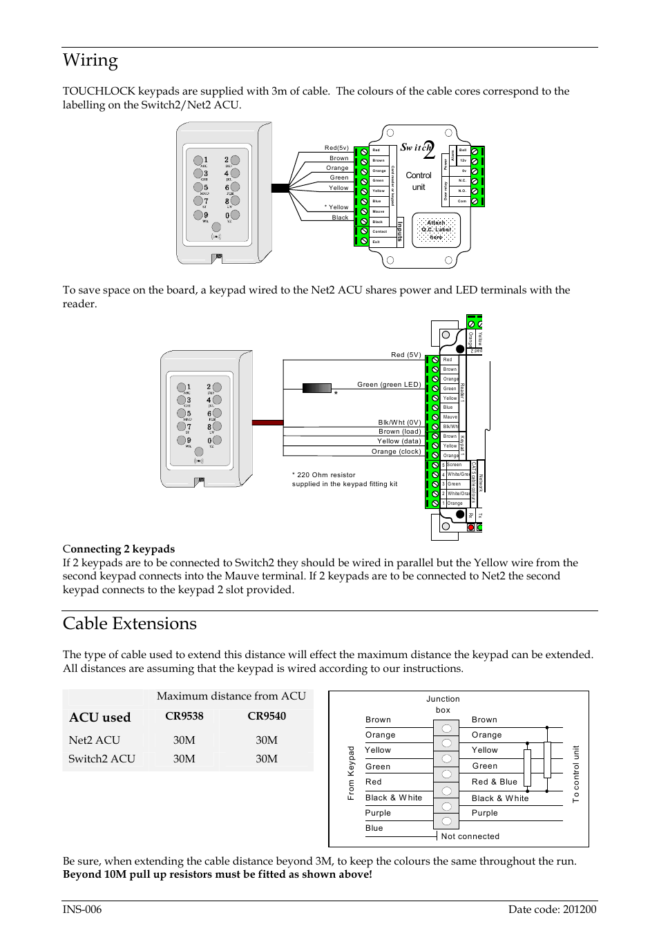 Wiring, Cable extensions, Acu used | Maximum distance from acu, W it ch | Paxton TOUCHLOCK keypad Stainless Steel (485-374) User Manual | Page 2 / 2
