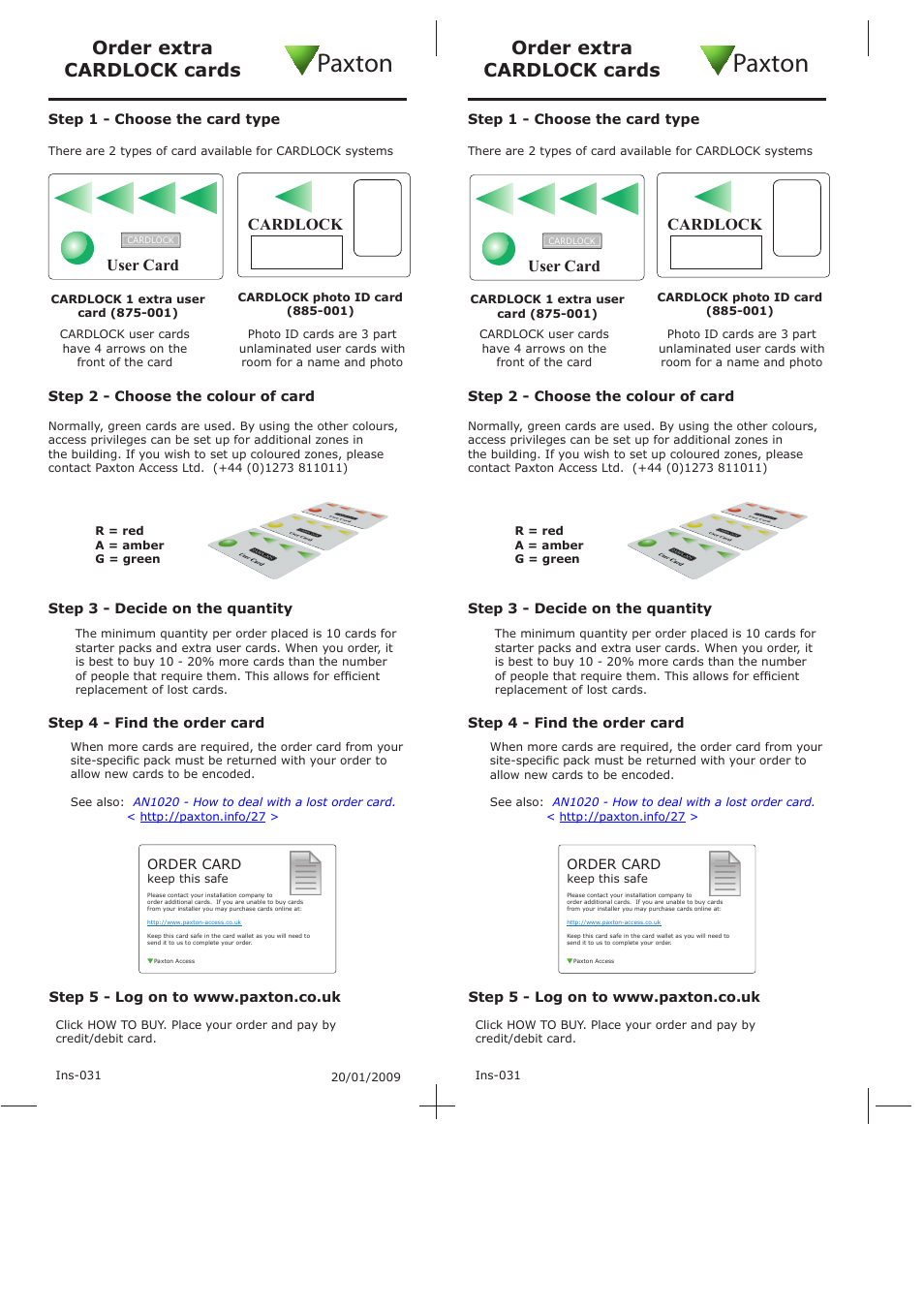 Paxton CARDLOCK cards Order extra User Manual | 1 page