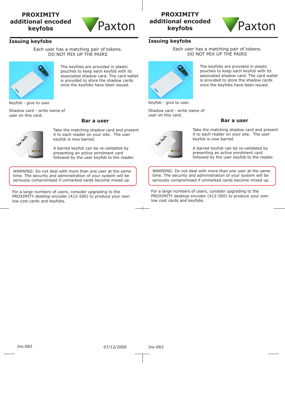Paxton PROXIMITY additional encoded keyfobs User Manual | 1 page