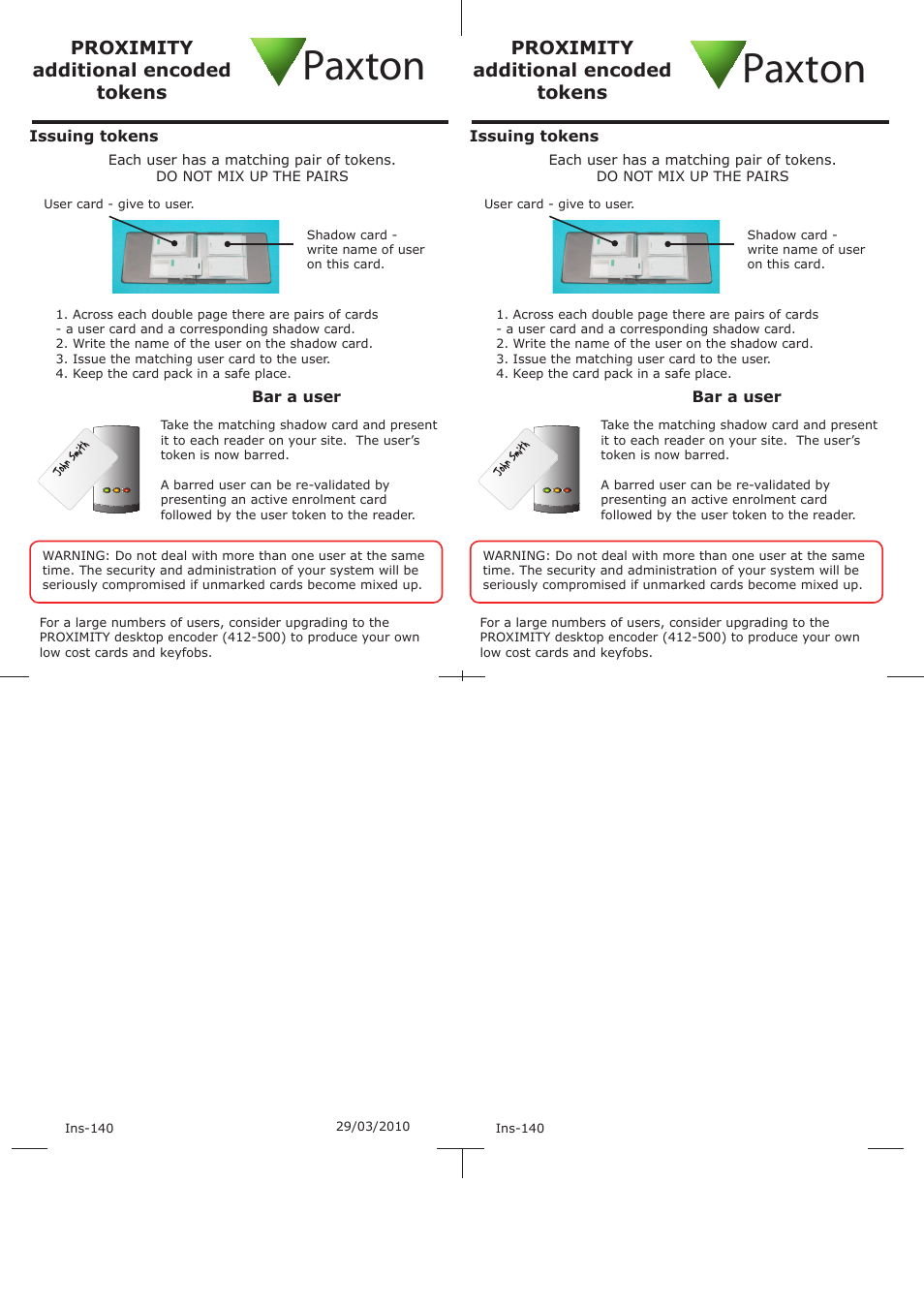 Paxton PROXIMITY additional encoded tokens User Manual | 1 page