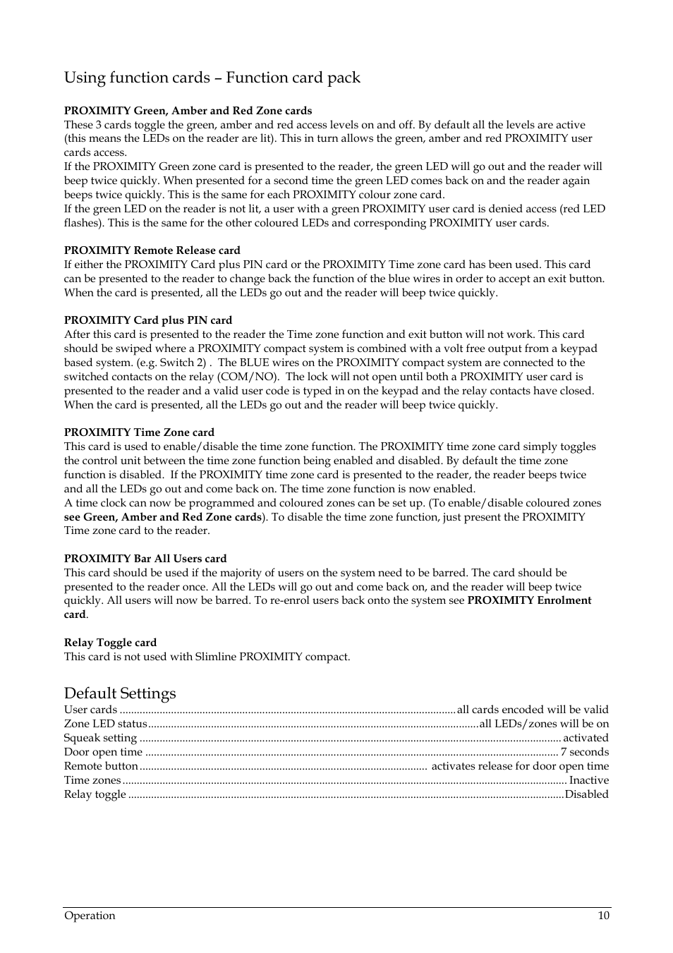 Using function cards – function card pack, Default settings | Paxton PROXIMITY compact slimline User Manual | Page 10 / 14