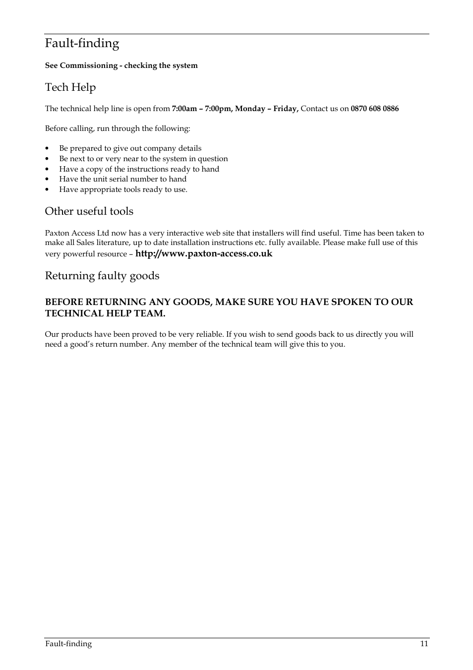 Fault-finding, Tech help, Other useful tools | Returning faulty goods | Paxton PROXIMITY compact slimline User Manual | Page 11 / 14