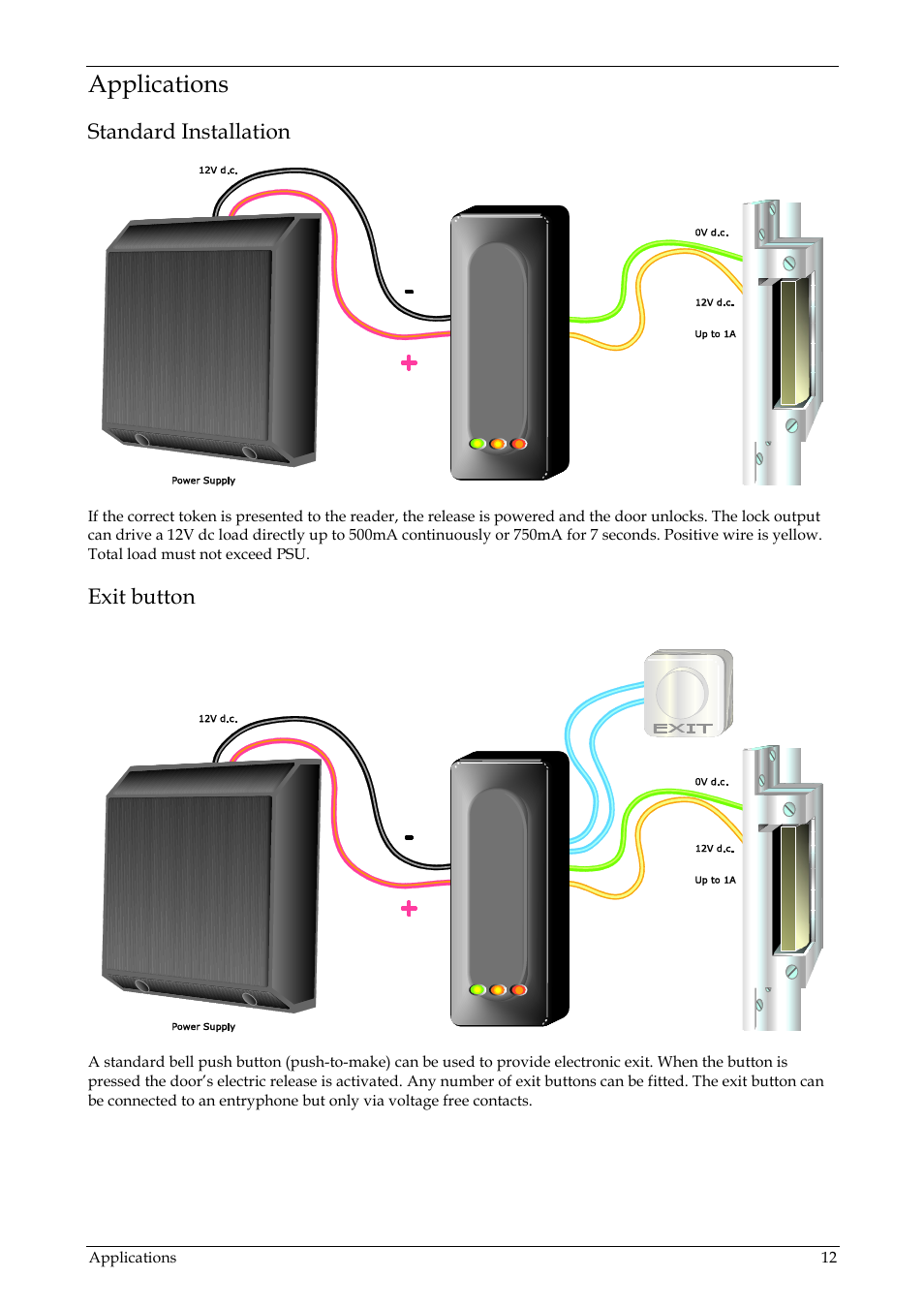 Applications, Standard installation, Exit button | Paxton PROXIMITY compact slimline User Manual | Page 12 / 14