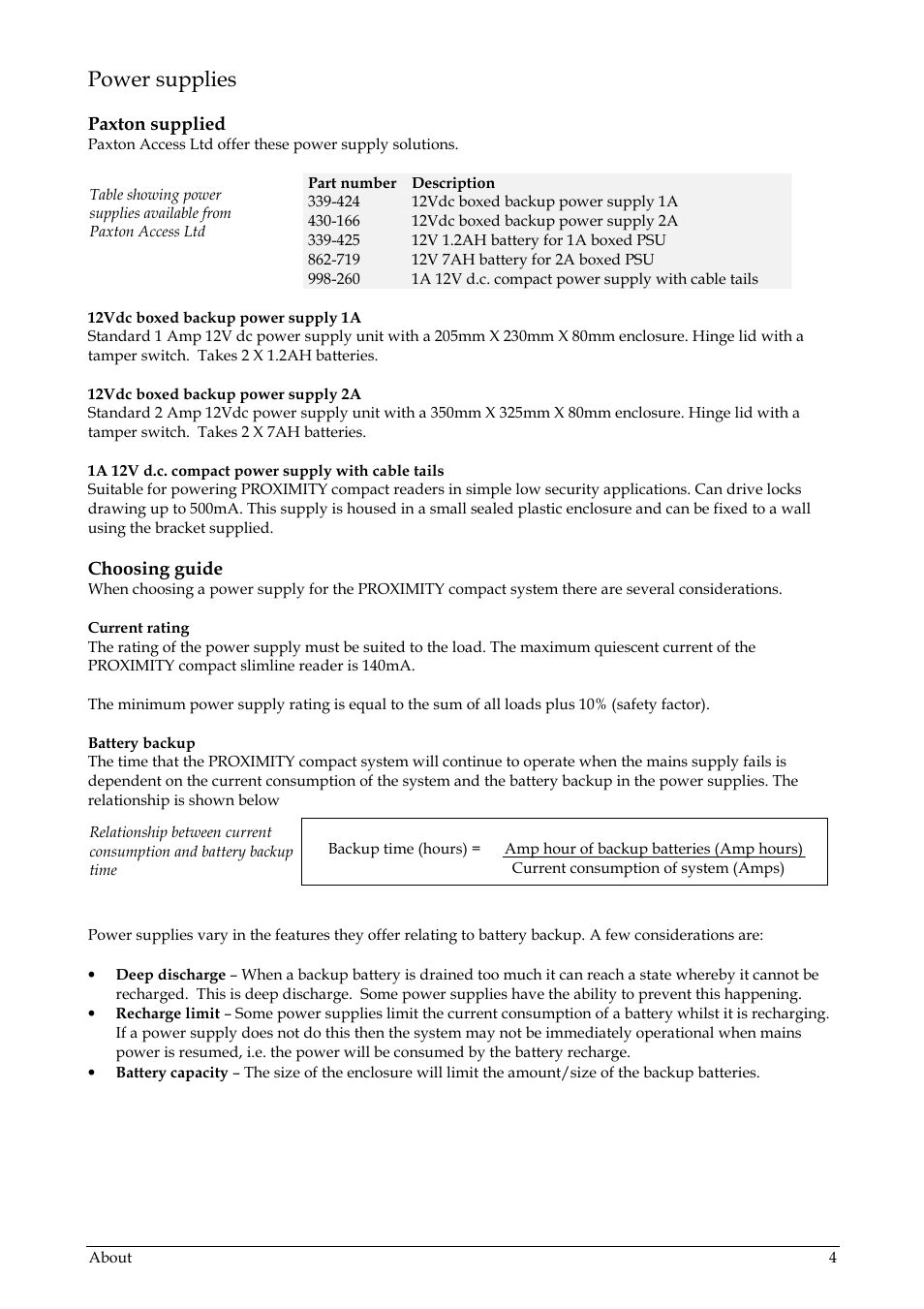 Power supplies, Paxton supplied, Choosing guide | Paxton PROXIMITY compact slimline User Manual | Page 4 / 14