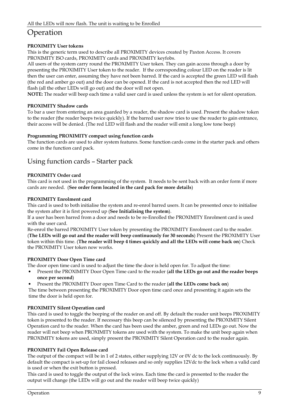 Operation, Using function cards – starter pack | Paxton PROXIMITY compact slimline User Manual | Page 9 / 14